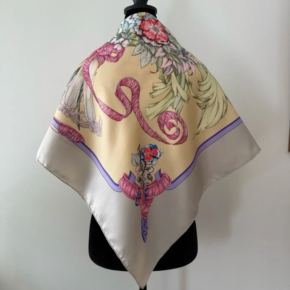 Hermes Floral Bouquet Silk Scarf in Cream Pink Blue